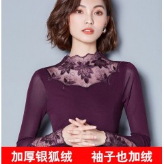 2019秋冬新款網(wǎng)紗打底衫女長(zhǎng)袖t恤加絨保暖蕾絲上衣小衫大碼紗衣